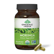 Organic India Moringa bottle label highlighting vegan and gluten-free status for daily wellness