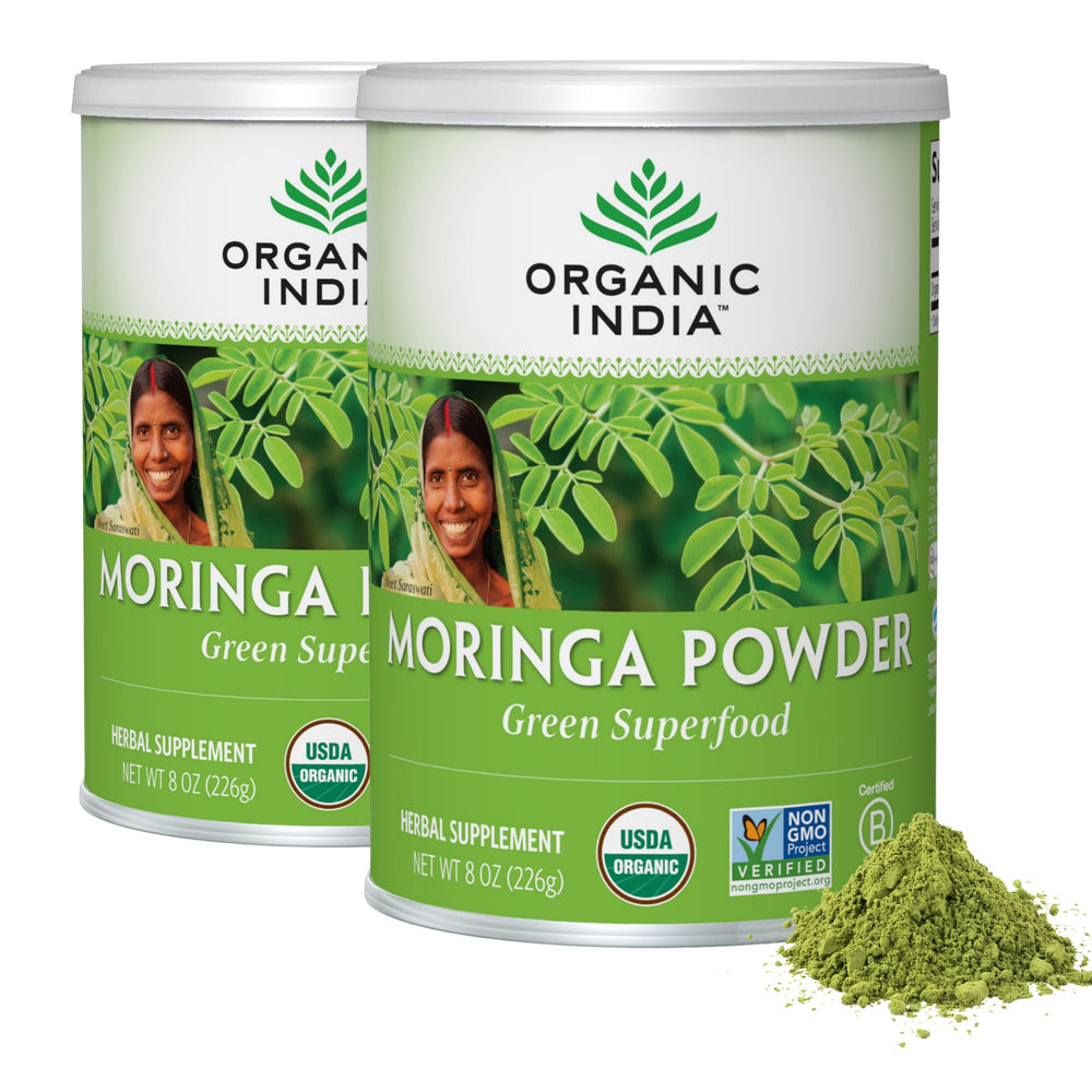 Organic India Moringa Powder tub label highlights organic certification and immune-supporting nutrients.