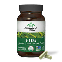 ORGANIC INDIA Neem Leaf Capsules bottle shown for daily skin and immune support.