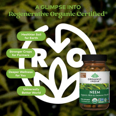 ORGANIC INDIA Neem Leaf Capsules label highlights organic certification and quality.