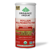 Polvo de cáscara de psyllium Organic India, empaque frontal para digestión diaria.