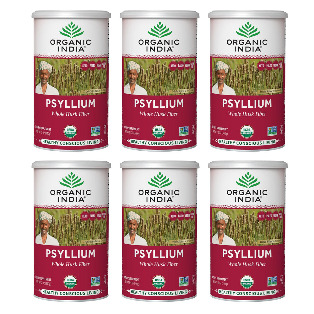 Organic India Psyllium powder canister promotes gentle elimination.
