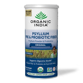 Organic India psyllium husk powder bottle pour supports daily fiber intake with a gentle, bulk-forming action