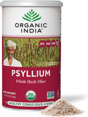 Organic India Psyllium canister label highlights organic fiber for daily wellness.