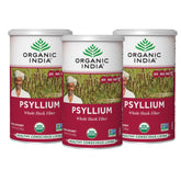 Organic India Psyllium powder tub front with organic seal and fiber focus.