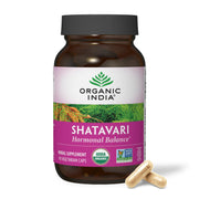 Organic India Shatavari bottle and capsules promote natural hormonal balance.