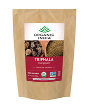 Organic India Triphala bottle and label highlighting digestive support.