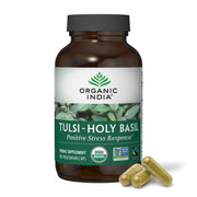 Organic India Tulsi herbal supplement bottle for daily wellness.