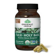 Organic India Tulsi herbal supplement bottle with capsules for daily immune support.