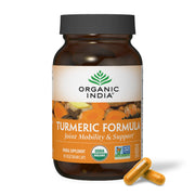 Organic India Turmeric Curcumin bottle front displaying label and promise