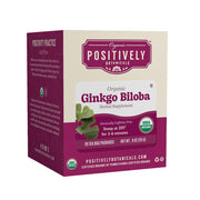 Organic Positively Tea Company ginkgo biloba tea bags packaging highlights eco-friendly design for gifting.