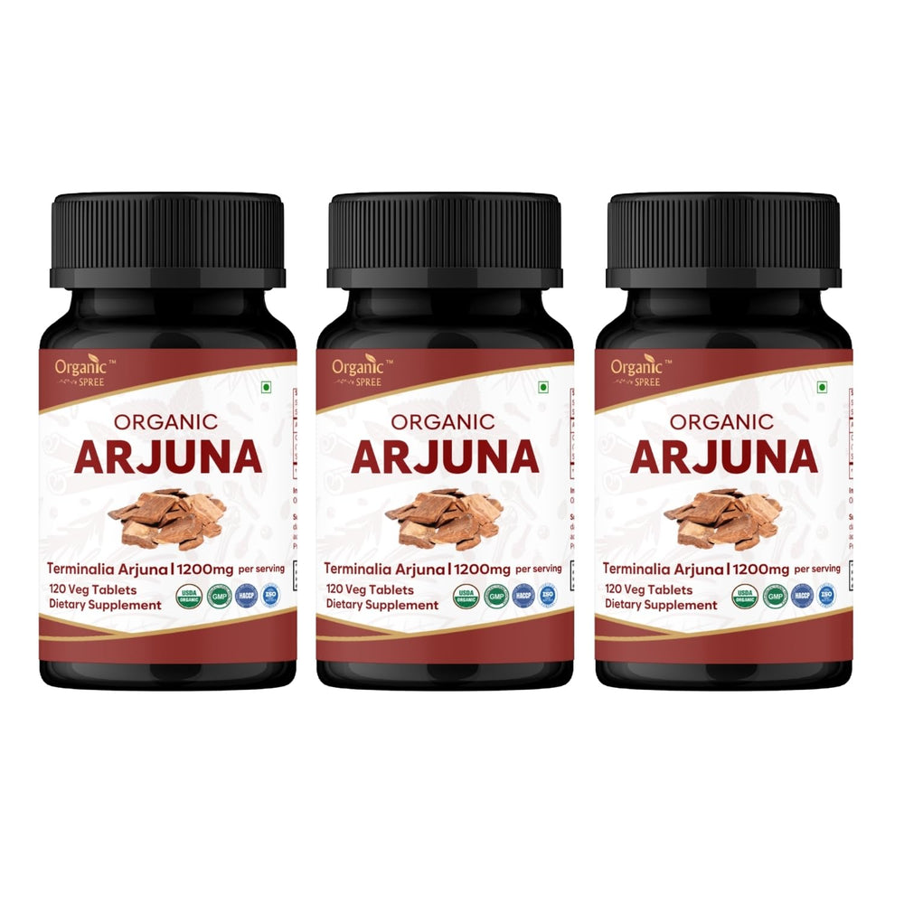 ORGANIC SPREE Arjuna bottle front displaying a heart-support supplement in clean packaging.