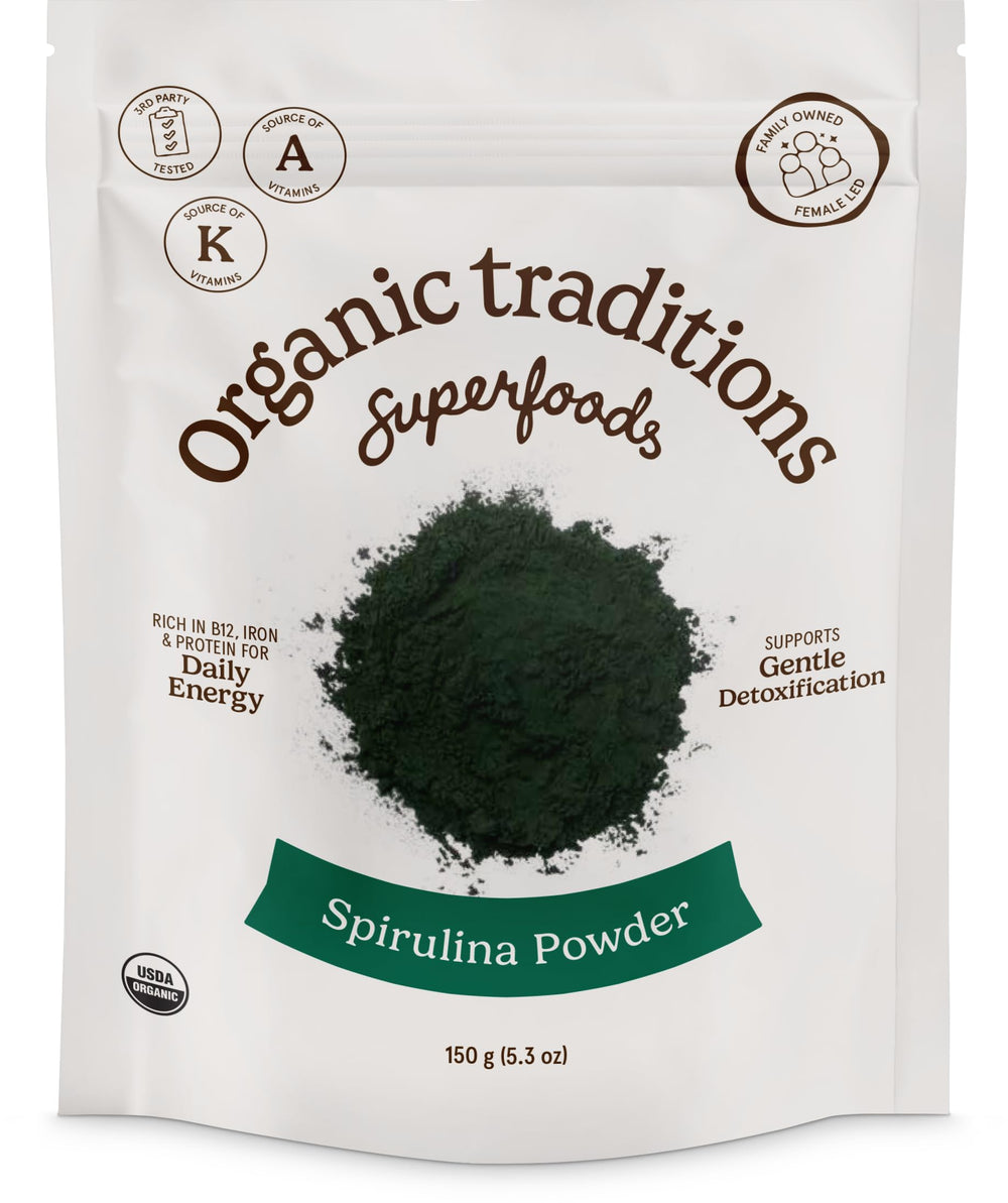 Organic Traditions spirulina powder bag front, a vibrant green superfood for daily smoothies.
