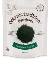 Organic Traditions spirulina powder bag front, a vibrant green superfood for daily smoothies.
