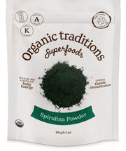 Organic Traditions spirulina powder bag front, a vibrant green superfood for daily smoothies.
