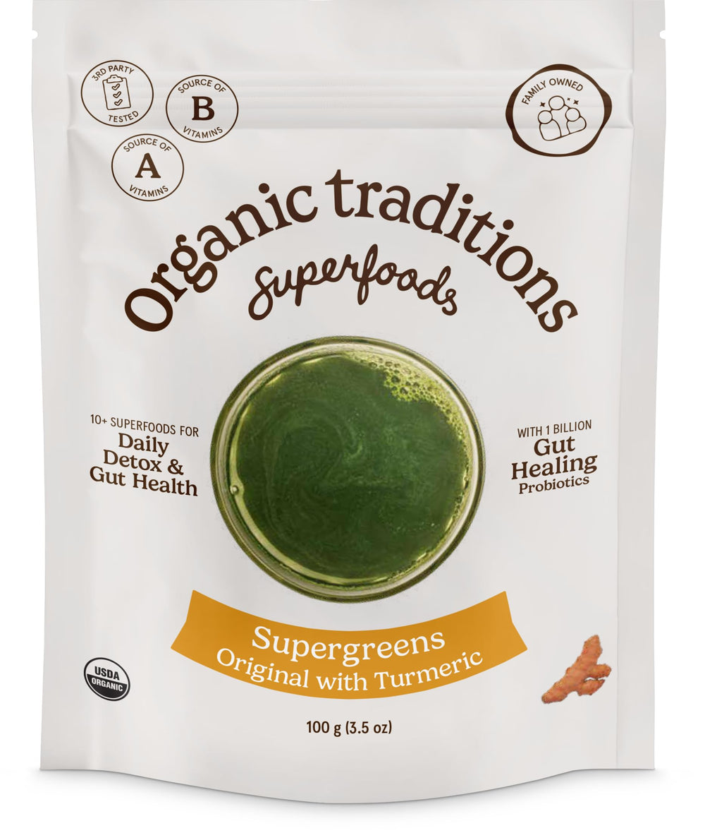 Organic Traditions Super Greens bottle for easy green drinks