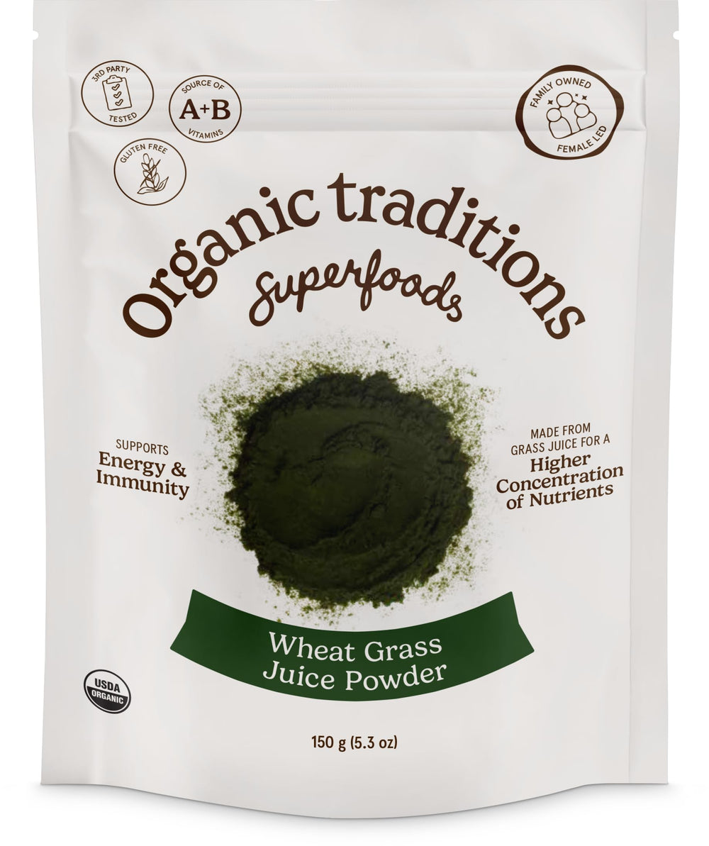 Organic Traditions wheat grass powder in a jar, gluten-free and vegan