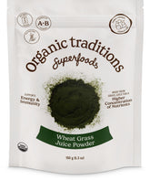 Organic Traditions wheat grass powder in a jar, gluten-free and vegan