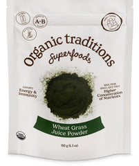 Organic Traditions wheat grass powder in a jar, gluten-free and vegan