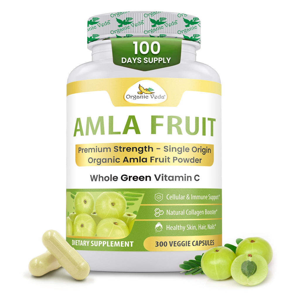 Organic Veda Amla capsules bottle front for daily immunity support.