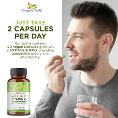 Label close-up of Organic Veda amla capsules highlighting vegan formula.