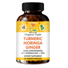 Organic Veda Turmeric Moringa Ginger capsules bottle front for daily wellness.