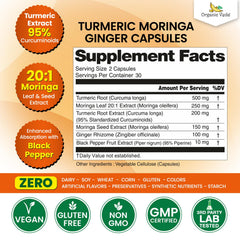 Organic Veda label close-up with 20:1 moringa extract for antioxidant support.
