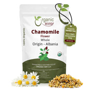 Organic Way chamomile whole flowers packaging shows freshness and secure resealable pouch for storage.