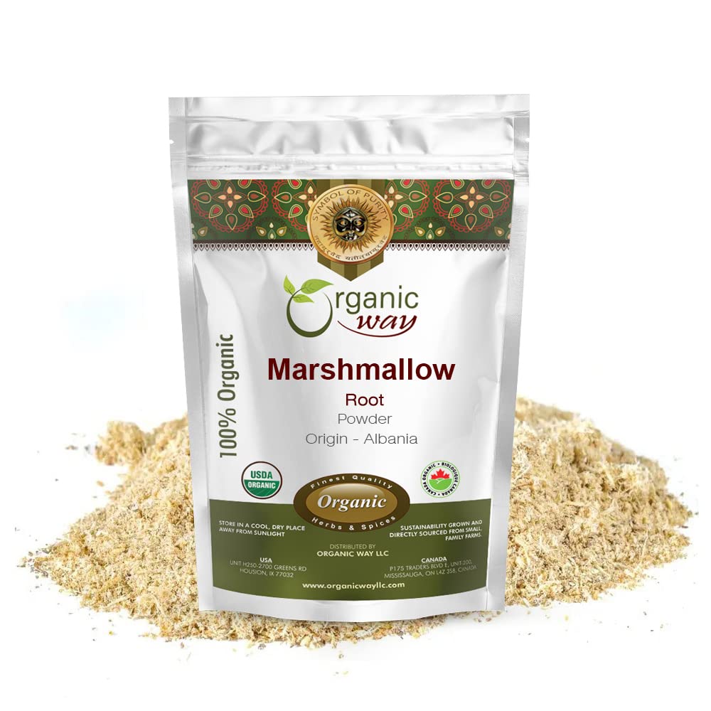 Organic Way Marshmallow Root Powder packaging highlights quality and certifications.
