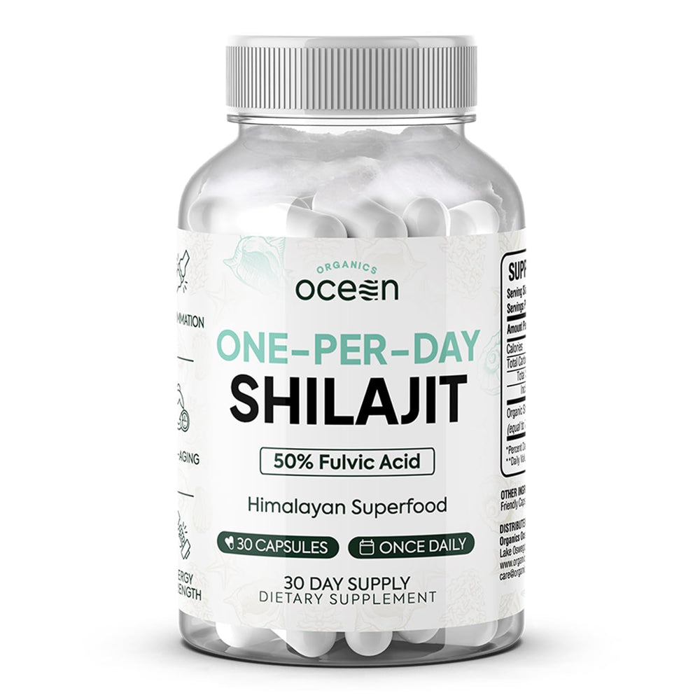 Organics Ocean One-Per-Day Shilajit bottle shows convenient daily capsule benefits for aging and vitality
