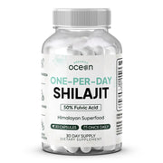 Organics Ocean One-Per-Day Shilajit bottle shows convenient daily capsule benefits for aging and vitality