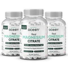 Organics Ocean Real Magnesium Citrate bottle front for high absorption and daily energy.