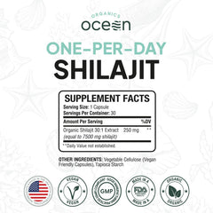 Organics Ocean shilajit capsules closeup highlights potent 50% fulvic acid and 85 minerals
