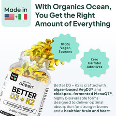 Organics Ocean VegD3-K2 algae-derived formula image emphasizing plant-based absorption