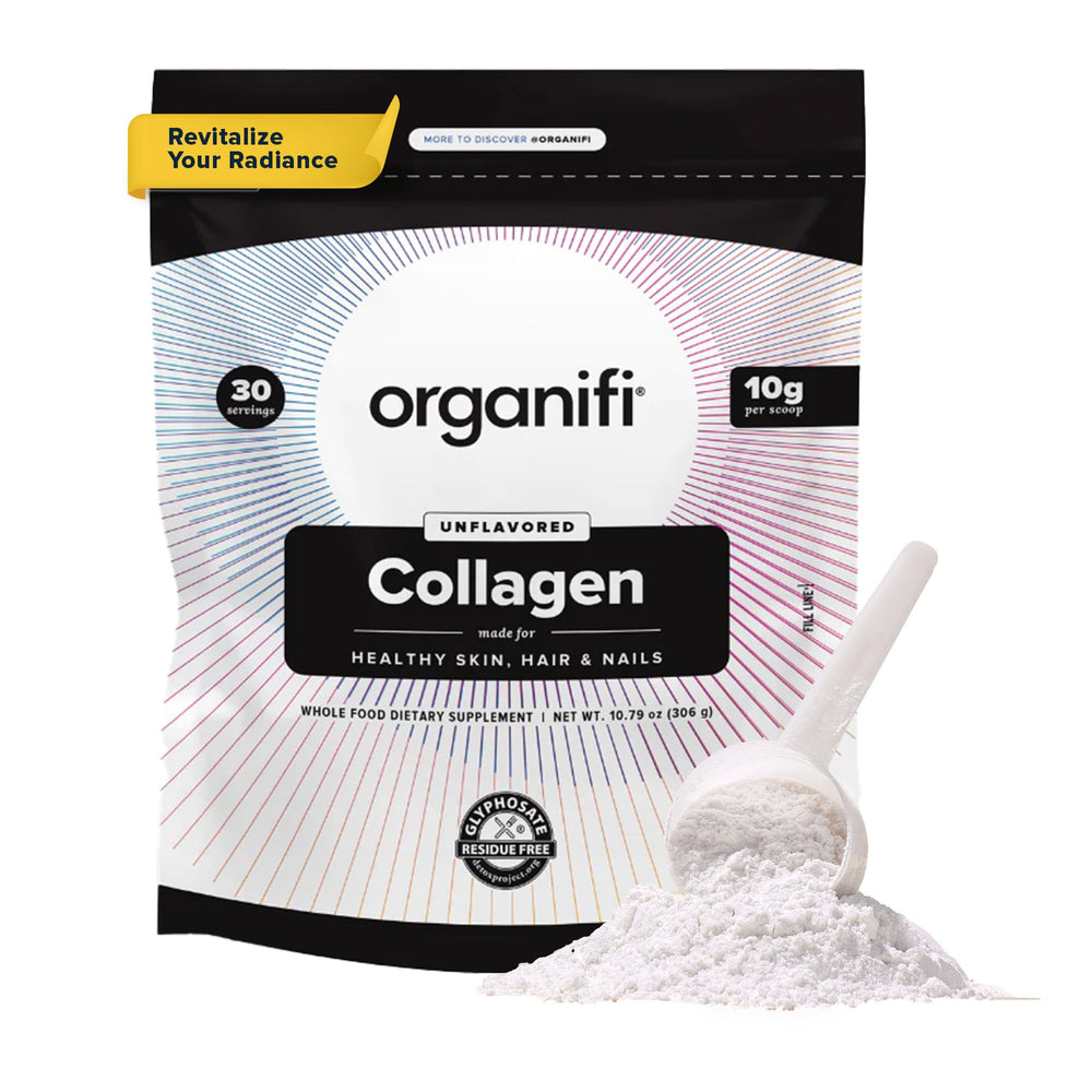 Organifi Collagen Powder bottle pouring shows easy daily use for skin support