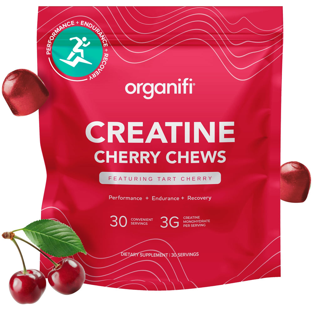 Organifi Creatine Chews cherry jar label closeup for premium flavor