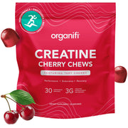 Organifi Creatine Chews cherry jar label closeup for premium flavor