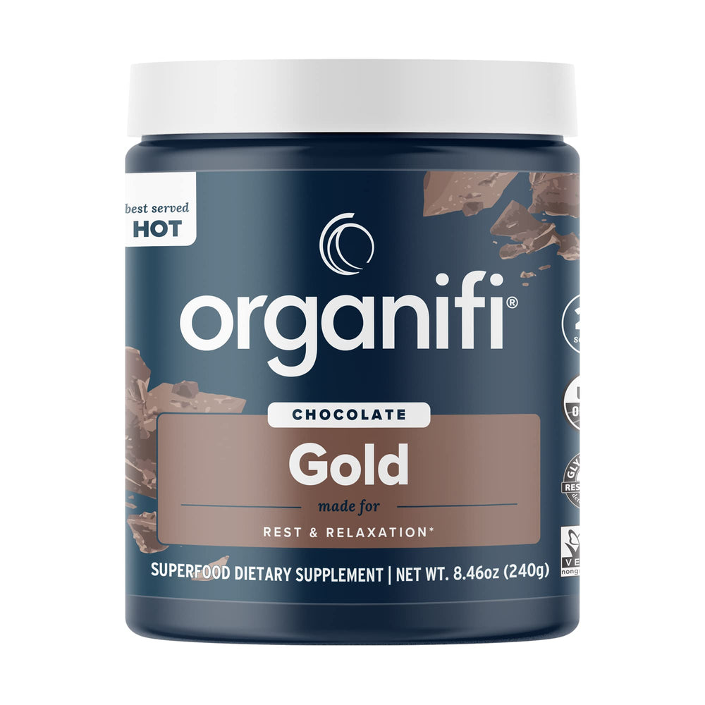 Organifi Gold Chocolate hot cocoa cup promotes soothing evenings.