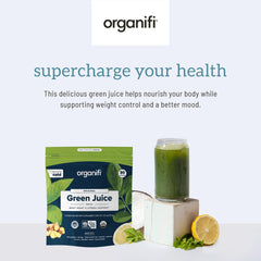 Organifi Green Juice label highlights spirulina and chlorella for daily wellness