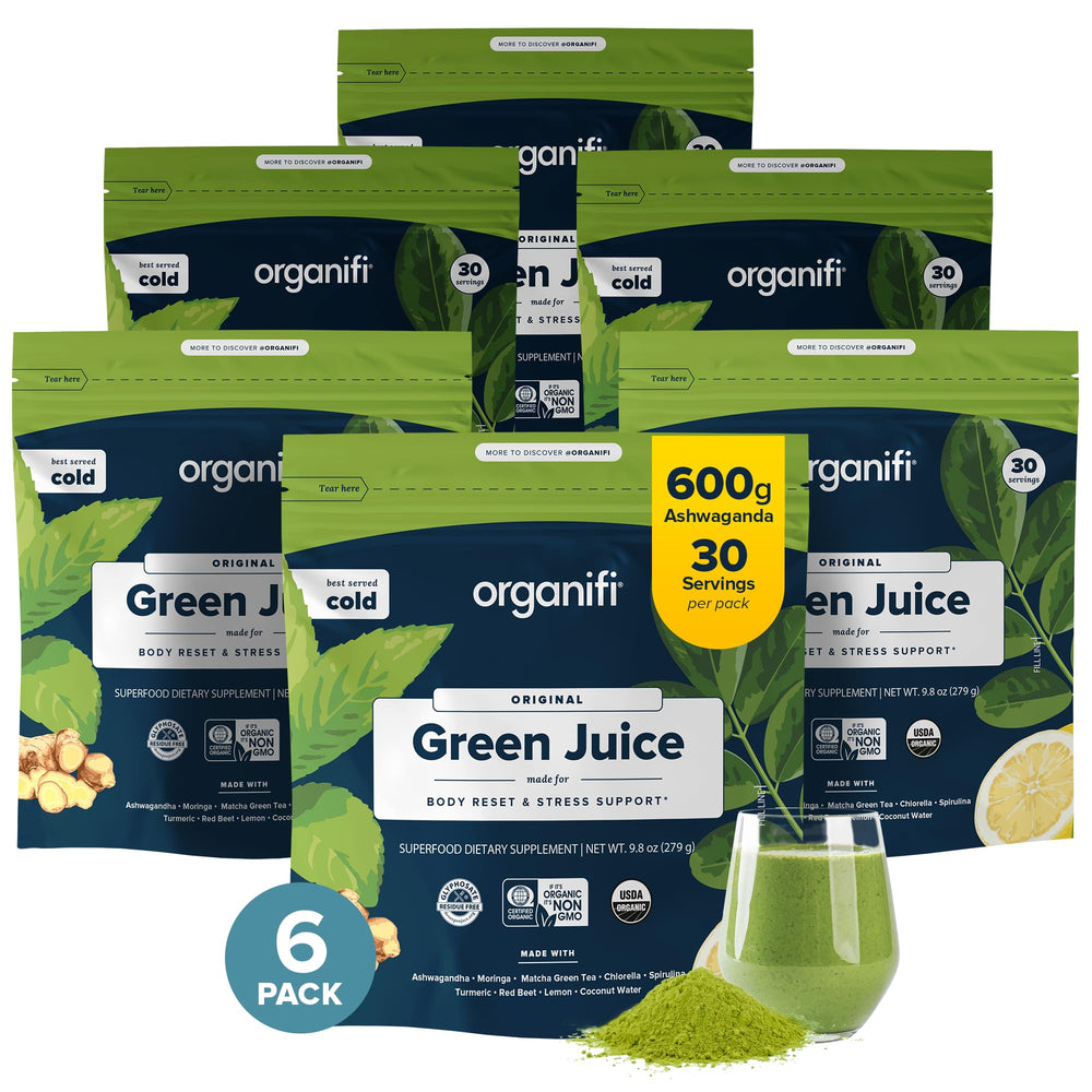 Organifi Green Juice powder tub ready to blend for morning energy