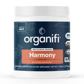 Organifi Harmony tub front showing gluten free vegan cacao blend for balanced energy