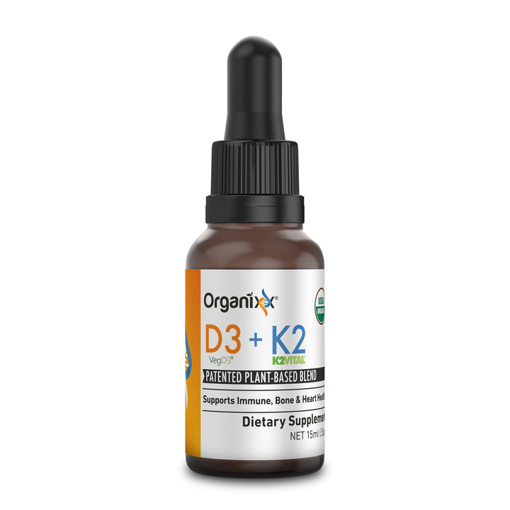 Organixx D3 K2 supplement bottle on a clean countertop, highlighting a balanced wellness routine.