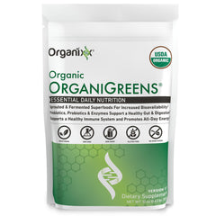 Organixx Greens canister close-up highlights organic nutrients for daily energy support.
