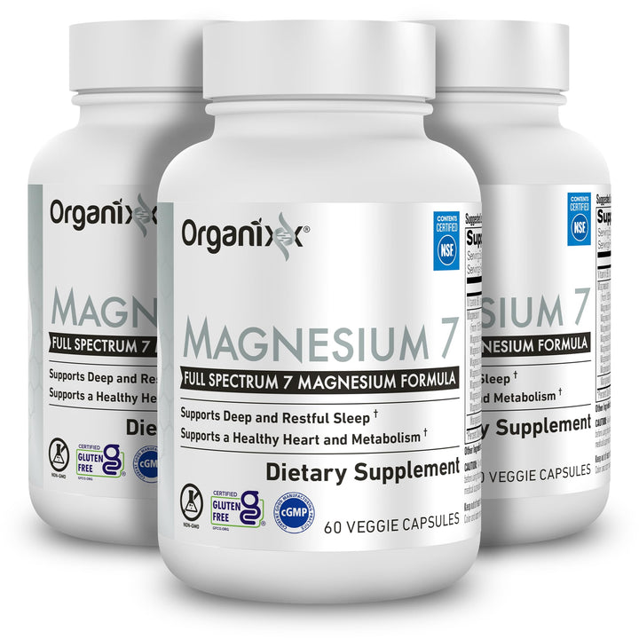 Organixx Magnesium 7 bottle and capsules designed for sleep support.