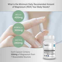Organixx Magnesium Glycinate capsules close-up with bottle and label displaying B6 and manganese.