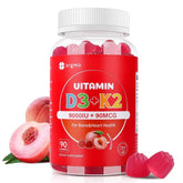 ORGMO vitamin D3 K2 gummies bottle shows peach flavor and high potency.