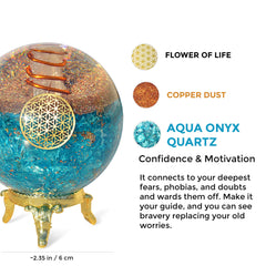 Orgonite Crystal Blue Aquamarine Ball closeup showcases craftsmanship and serene ambience.