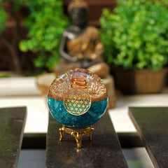 Orgonite Crystal Blue Aquamarine Ball for meditation spaces radiates balanced energy.