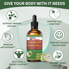 OrgTreasure Soursop Drops label close-up indicates high potency