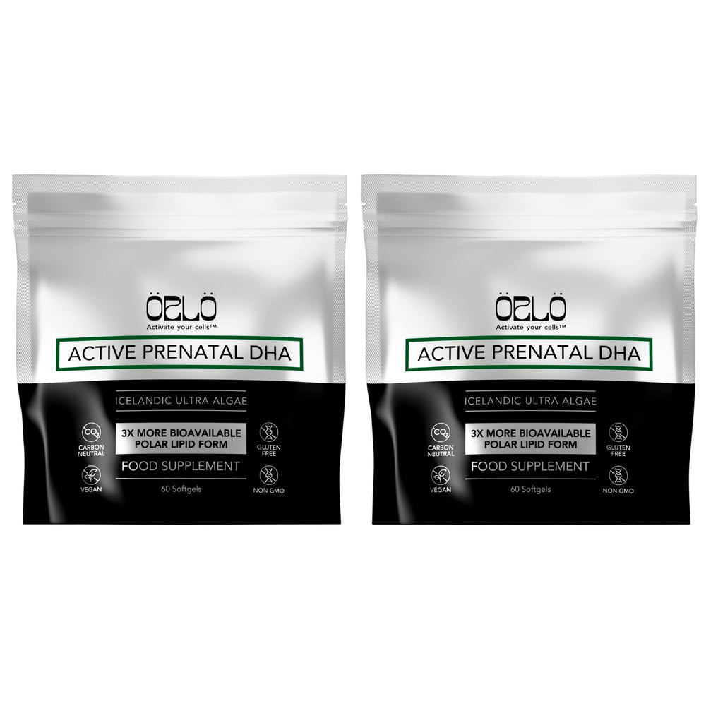 Orlo Prenatal DHA algae oil bottle close-up, mercury-free formula.